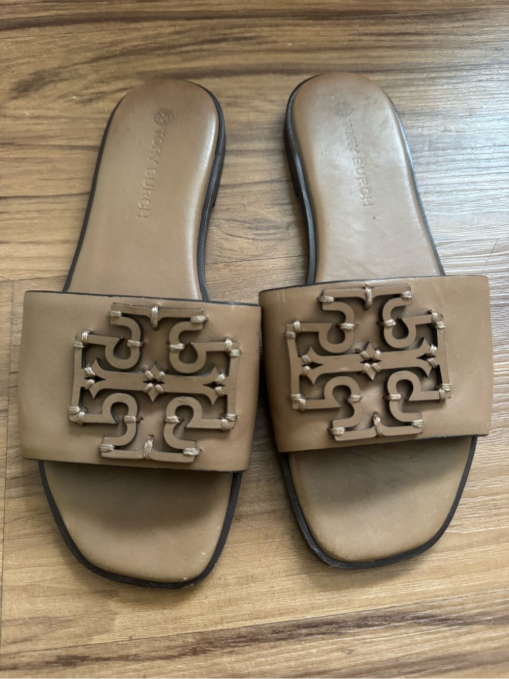 Tory Burch Tan Leather Logo Slide Sandals